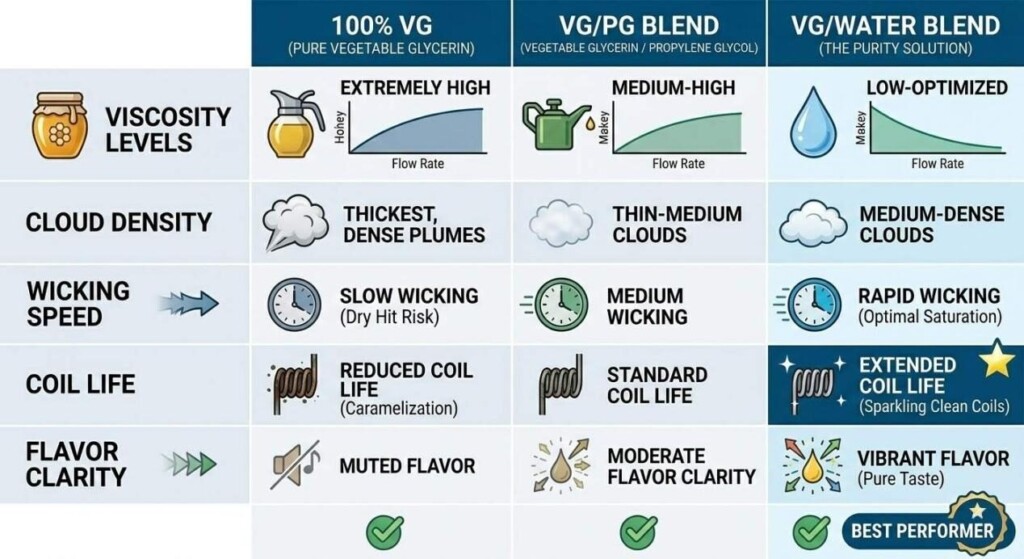A detailed infographic comparing 100% VG, VG/PG, and VG/Water blends across key metrics like coil life, wicking speed, and flavor clarity.