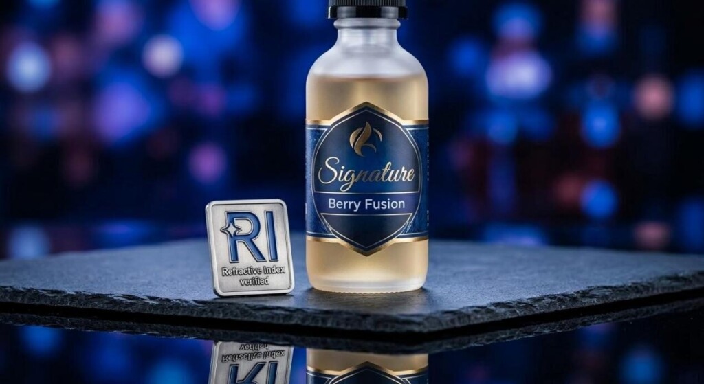 A premium bottle of Signature Berry Fusion e-liquid paired with a brushed metal "RI Verified" plaque for consumer trust.
