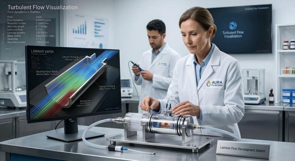 A professional R&D laboratory setting featuring a flavorist using 3D-printed modular rigs to optimize laminar flow for superior flavor delivery.