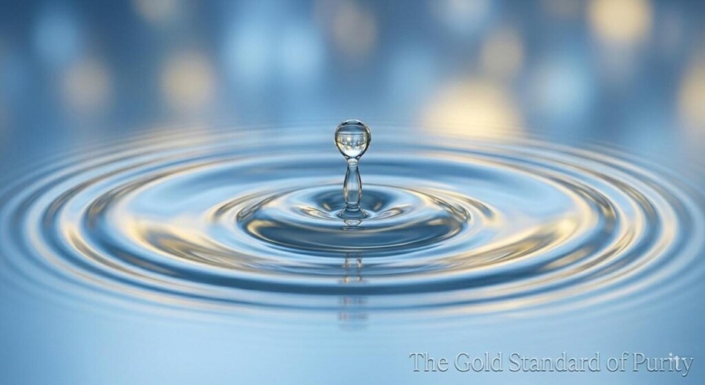 A cinematic macro shot of a single drop of concentrate creating perfect ripples in a blue and gold pool, symbolizing the ultimate purity in flavor formulation.