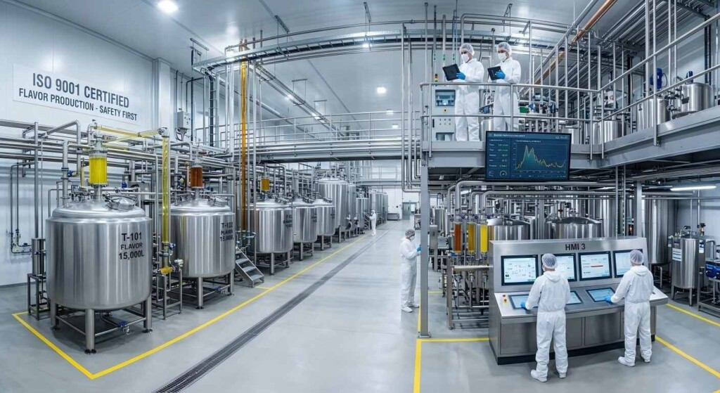 Vista de alta resolución de una moderna instalación de fabricación de sabores con certificación ISO que cuenta con tanques de homogeneización de alta capacidad y monitoreo de precisión.