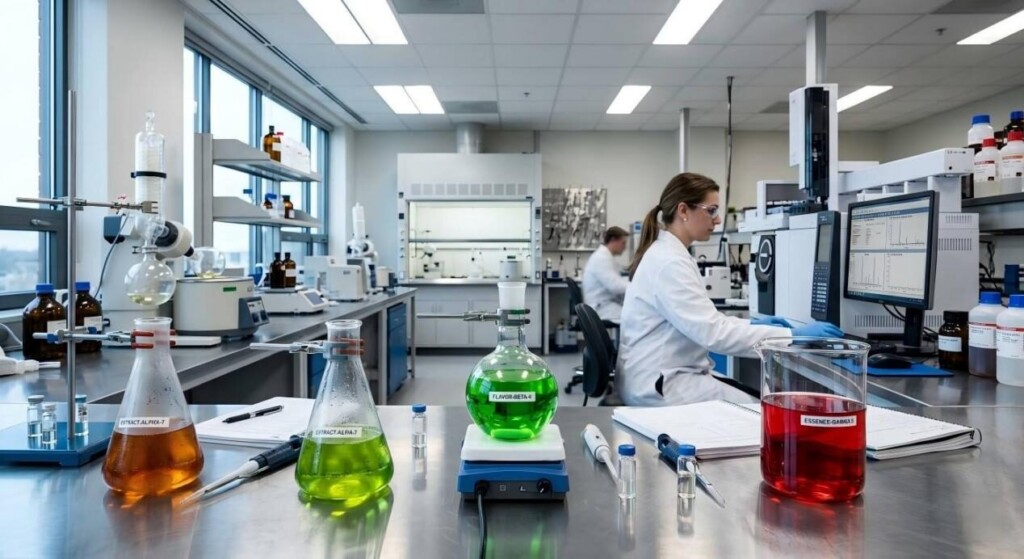 现代风味化学实验室的专业广角镜头，配有发光烧杯和先进的 GC-MS 监测设备。