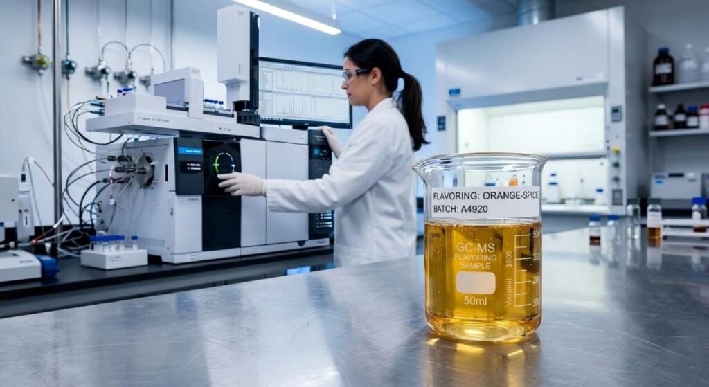 Une photo macro professionnelle de l'analyse des arômes à l'aide de la technologie GC-MS, mettant en évidence la précision et la pureté de qualité laboratoire.