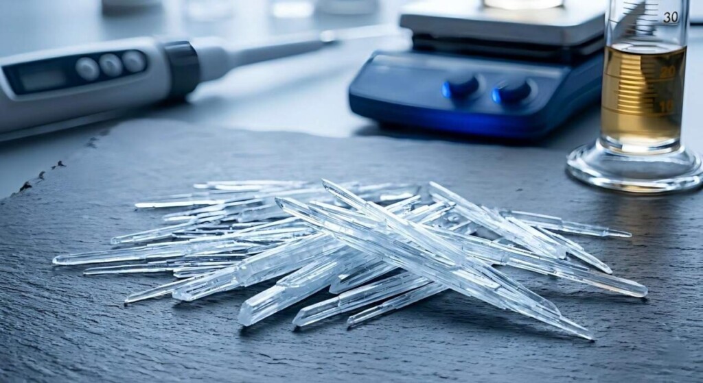 Макроснимок игольчатых кристаллов L-ментола на темном сланце в высоком разрешении, подчеркивающий клиническую чистоту.