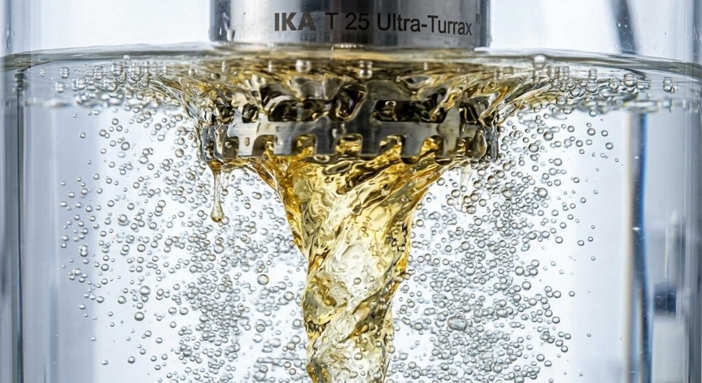 Una fotografía macro de alta velocidad que captura la precisión de un cabezal de rotor-estator de alto cizallamiento que dispersa aceite de sabor en una base de propilenglicol.
