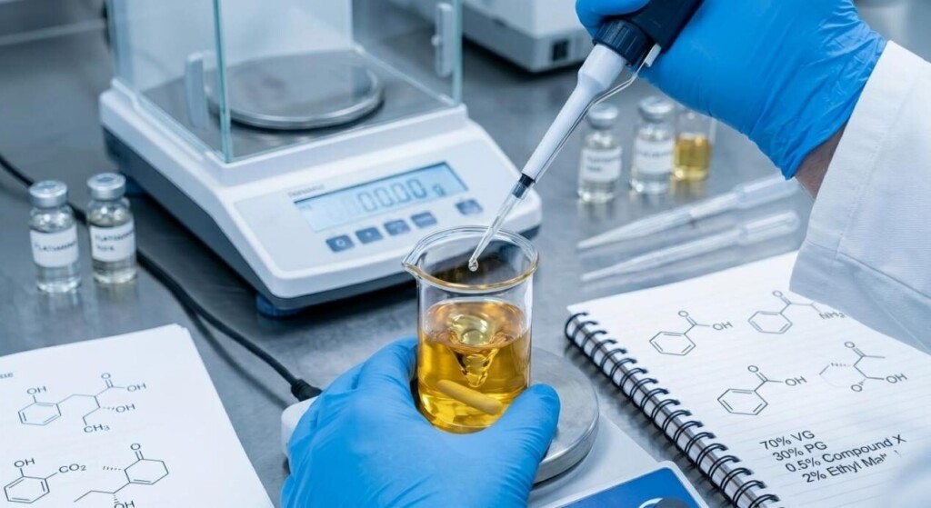 Un maître aromatisant qui compose avec précision une formule d'e-liquide haut de gamme avec un équipement de laboratoire professionnel.