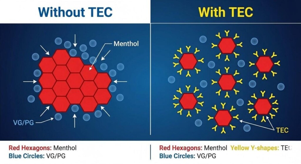 Чистая векторная диаграмма, показывающая, как молекулы TEC предотвращают слипание ментола в составах жидкостей для электронных сигарет VG/PG.