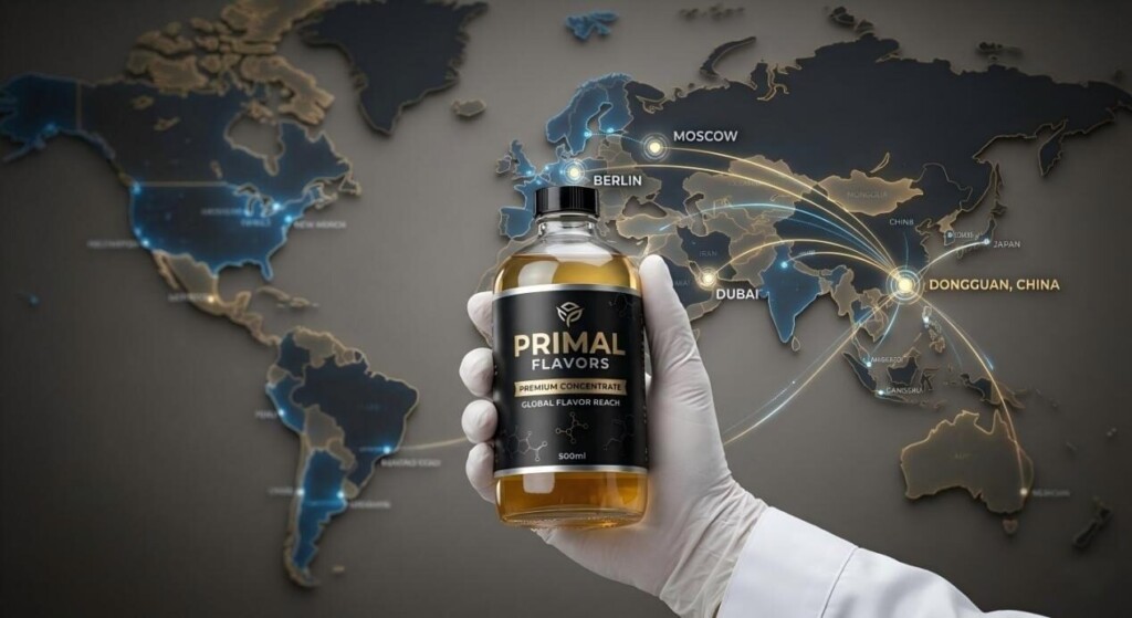 Una exhibición profesional de concentrado de sabor premium, que ilustra una red de distribución global desde Dongguan, China, hasta centros internacionales.