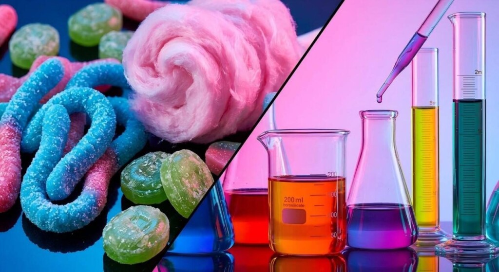 A vibrant split-screen macro shot comparing 90s neon candies with modern laboratory e-liquid flavor concentrates in a synthwave lighting style.