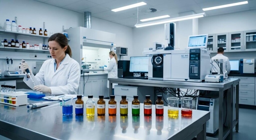 A cinematic view of a modern flavor chemistry laboratory featuring analytical GC-MS technology and precision extract vials.