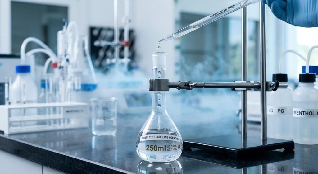 High-purity cooling agent drop testing in a modern laboratory for premium, consistent e-liquid formulations.