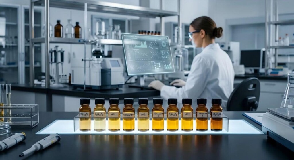 A professional view of a modern chemical laboratory featuring amber vials and a scientist analyzing data on a digital screen.