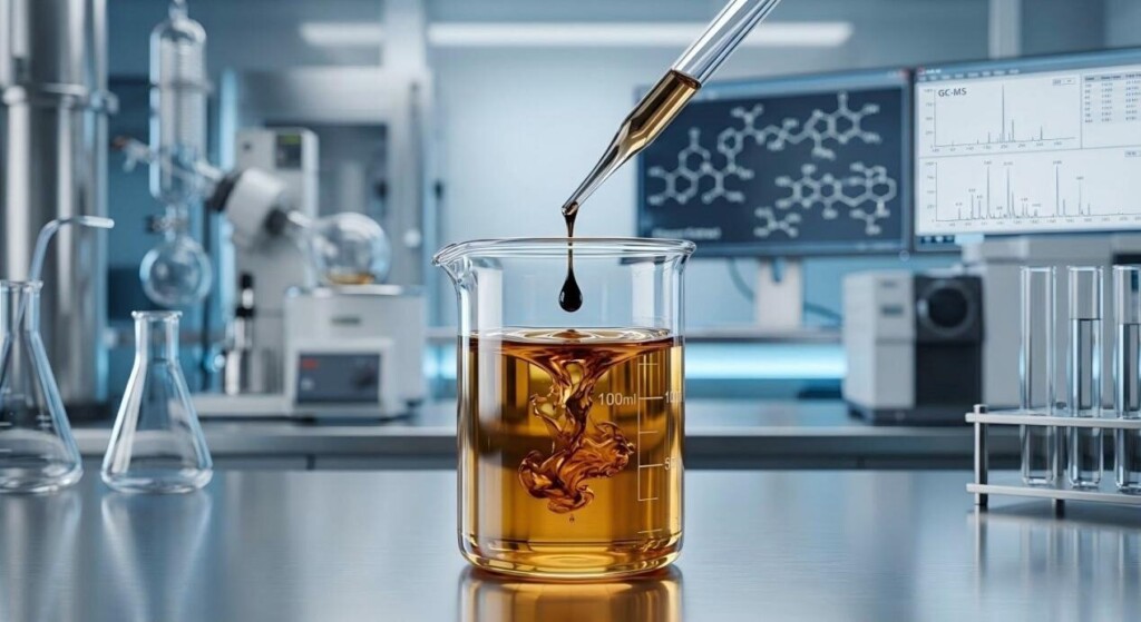 A high-end macro shot of laboratory precision, showcasing the careful formulation of premium, concentrated e-liquid flavor extracts.