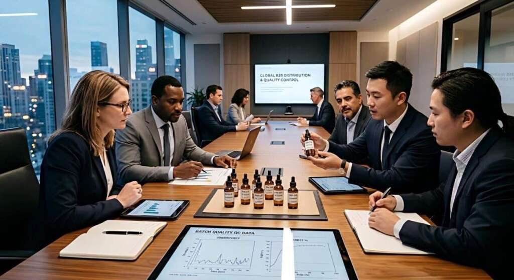 A professional collaborative meeting between US executives and Chinese manufacturing partners discussing vape quality control and global distribution.