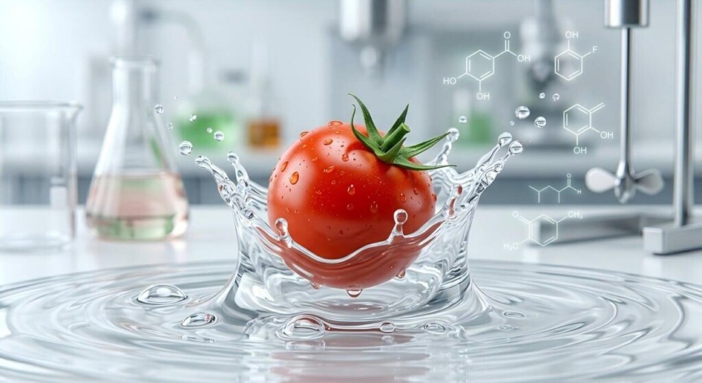 A hyper-realistic macro shot of a fresh tomato splashing into a viscous VG/PG base, representing high-purity flavor extraction.