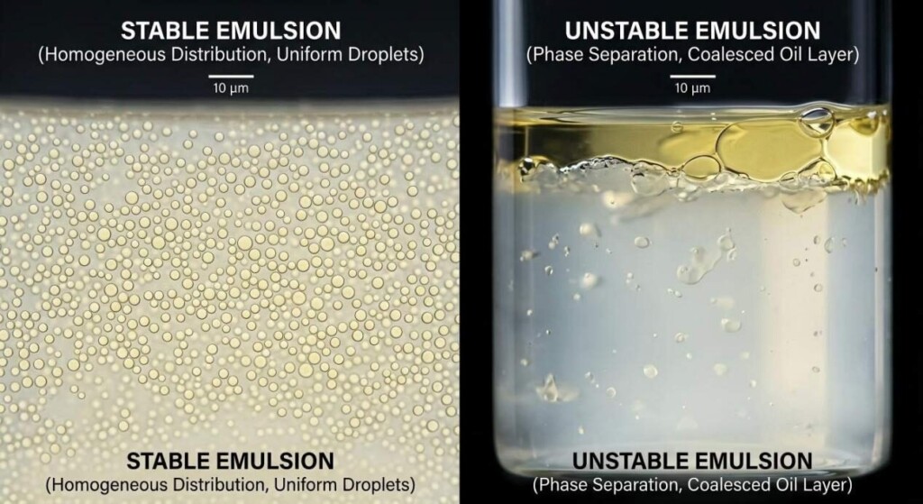 A high-resolution scientific rendering comparing a stable, uniform emulsion to an unstable, phase-separated emulsion in a laboratory setting.
