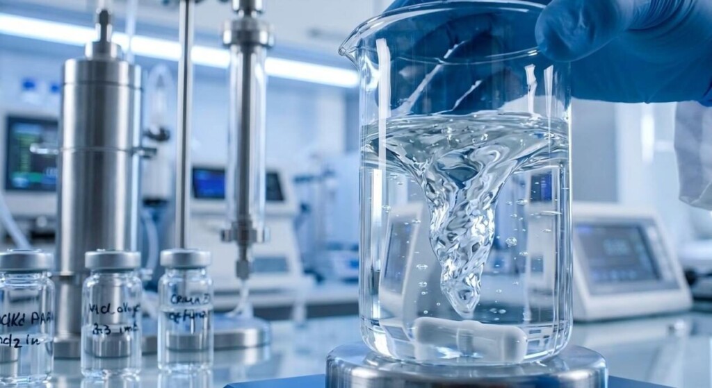 A macro, high-resolution shot of precise chemical mixing in a laboratory, highlighting professional formulation standards.