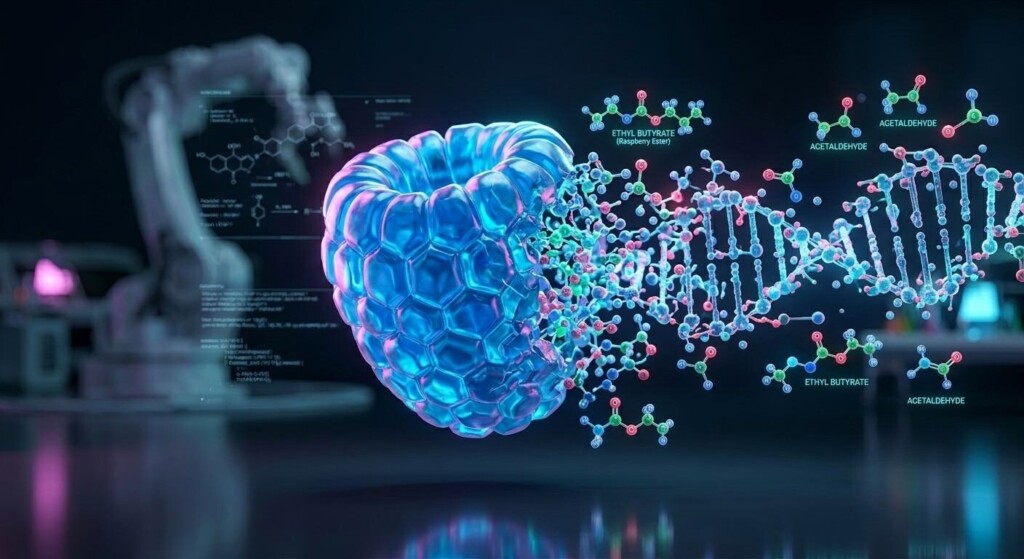 High-tech 3D render of a blue raspberry disintegrating into glowing chemical esters and aldehydes, illustrating the science of flavor design.