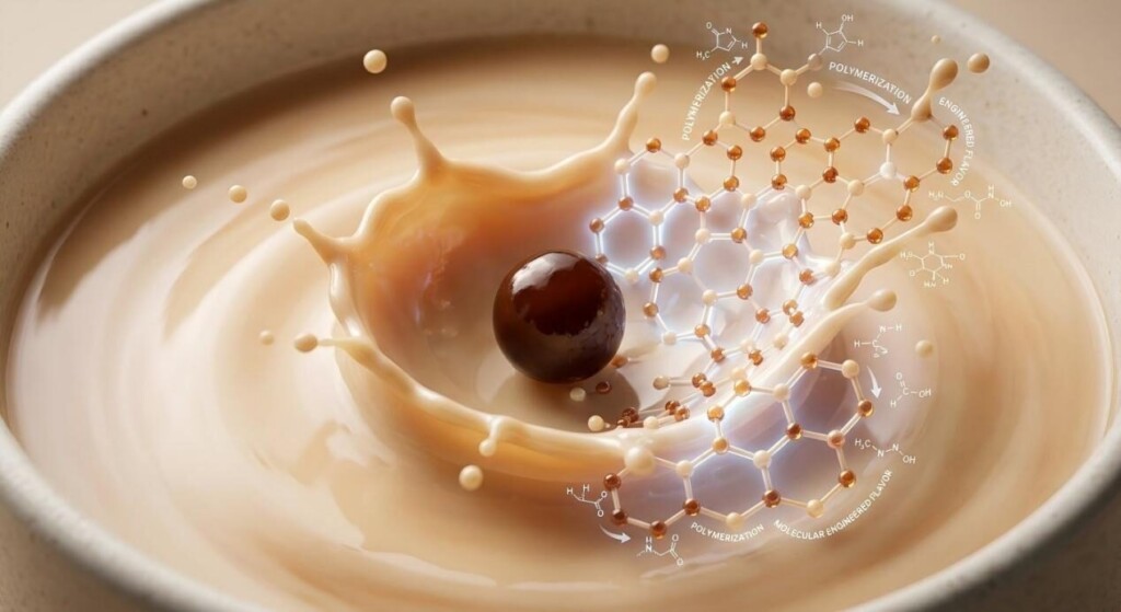 A stunning macro 3D render of a dark tapioca pearl splashing into milk tea, transitioning into glowing hexagonal molecular structures.