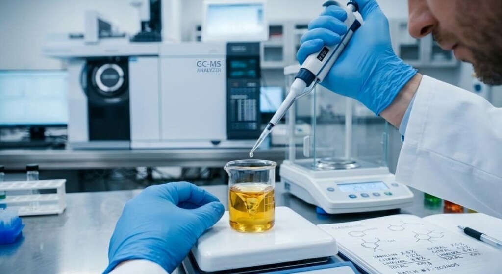 A macro shot of a flavorist accurately formulating a premium e-liquid base using professional laboratory micro-pipetting techniques.