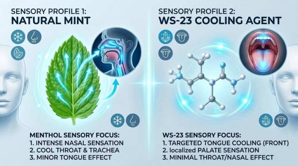 A comparative guide illustrating the sensory differences between natural menthol and WS-23 cooling agents for vape flavor development.