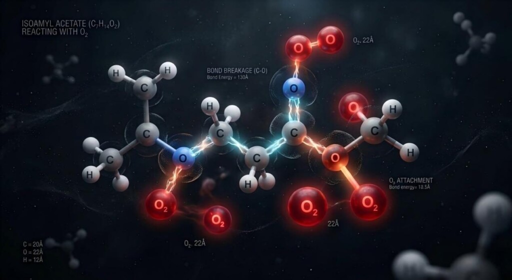 A highly detailed 3D rendering of a molecular structure undergoing a chemical change with glowing bonds and oxygen atom interaction.