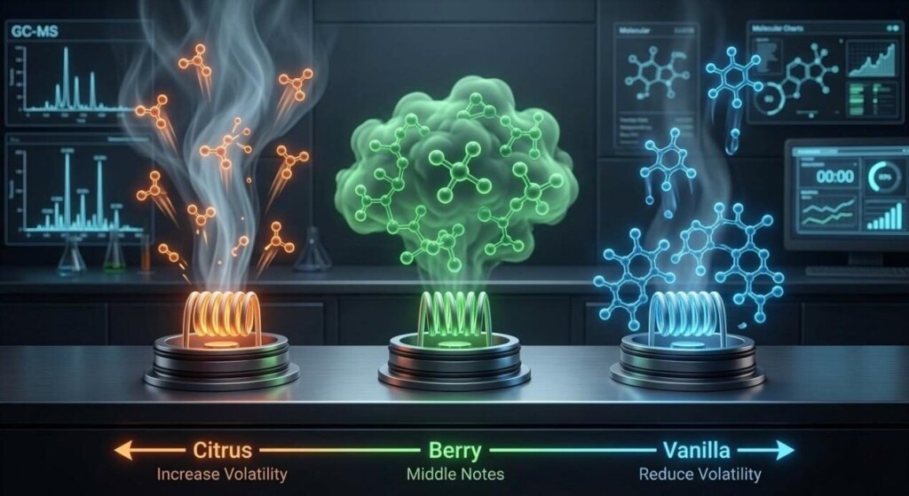 A technical infographic illustrating the molecular volatility of Citrus, Berry, and Vanilla flavor notes for professional e-liquid development.