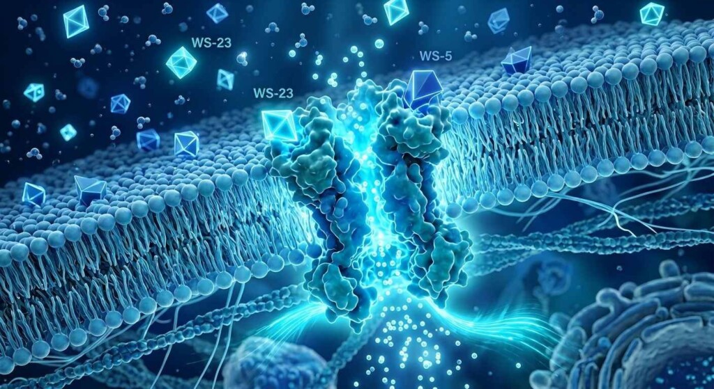 A high-detail 3D scientific rendering showing the interaction between TRPM8 receptors and synthetic cooling agents like WS-23 and WS-5.