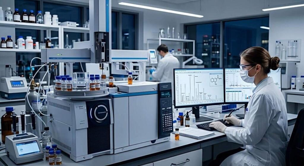 A high-tech laboratory setting showcasing rigorous GC-MS testing and molecular data analysis for e-liquid flavor safety and regulatory compliance.