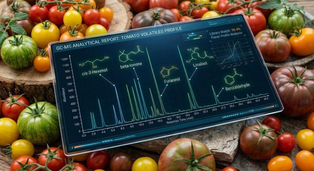 Detailed 3D render showing the chemical fingerprint of heirloom tomatoes via GC-MS readout, highlighting precision in flavor manufacturing.