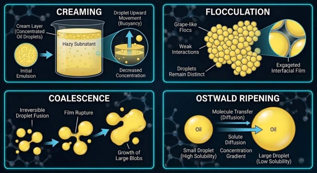 An educational illustration detailing the four primary mechanisms of emulsion breakdown: creaming, flocculation, coalescence, and Ostwald ripening.