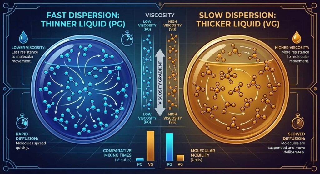 A detailed infographic illustrating the differences in molecular mobility and viscosity between Propylene Glycol (PG) and Vegetable Glycerin (VG).
