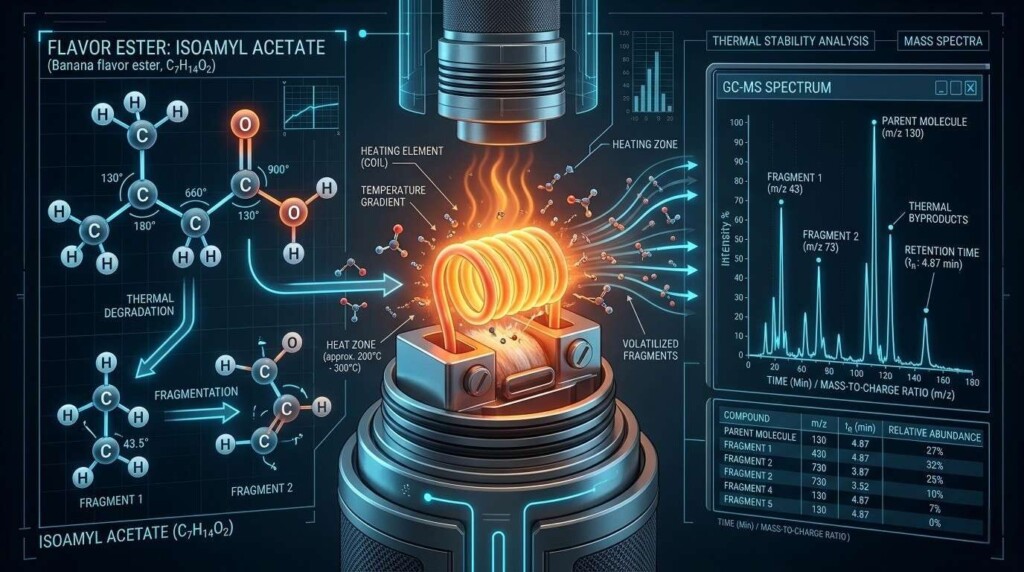 A technical look at flavor molecule stability under heat. We analyze chemical structures and thermal degradation using advanced GC-MS mass spectrometry.