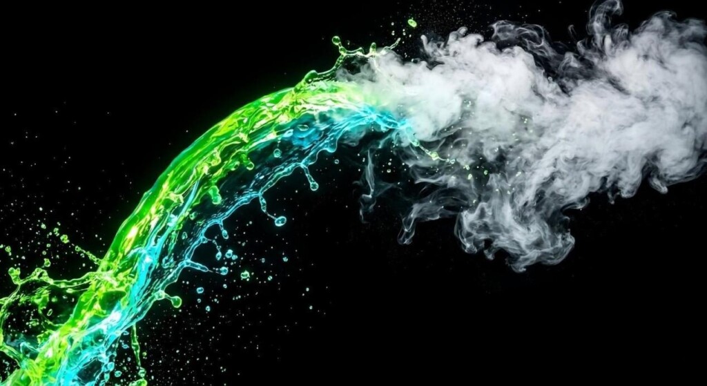 A high-energy conceptual image of neon-green and cyan liquid arcing across a black background, transforming into a dense white vapor cloud.