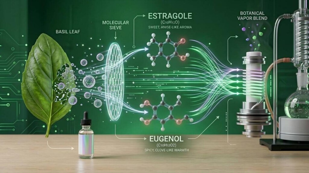 Detailed 3D infographic showing the molecular extraction of Estragole and Eugenol from basil leaves for botanical vapor blends.