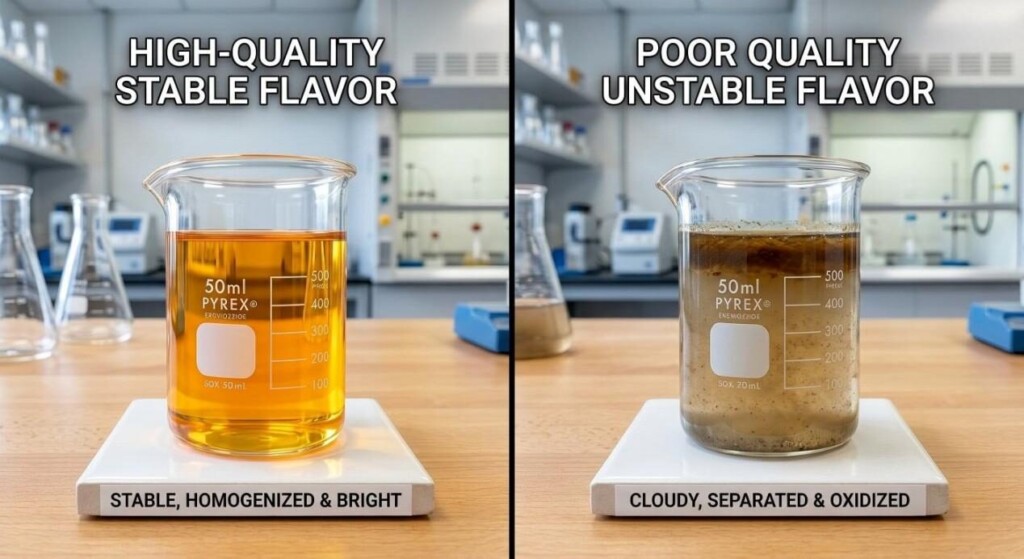 A clear visual side-by-side comparison illustrating the difference between high-quality homogenized flavorings and poor, oxidized formulations.