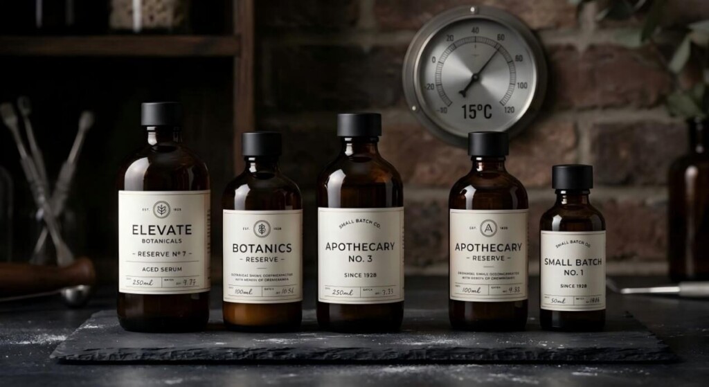 A sleek product photography setup showcasing amber glass bottles on a slate surface, emphasizing premium packaging and protection.