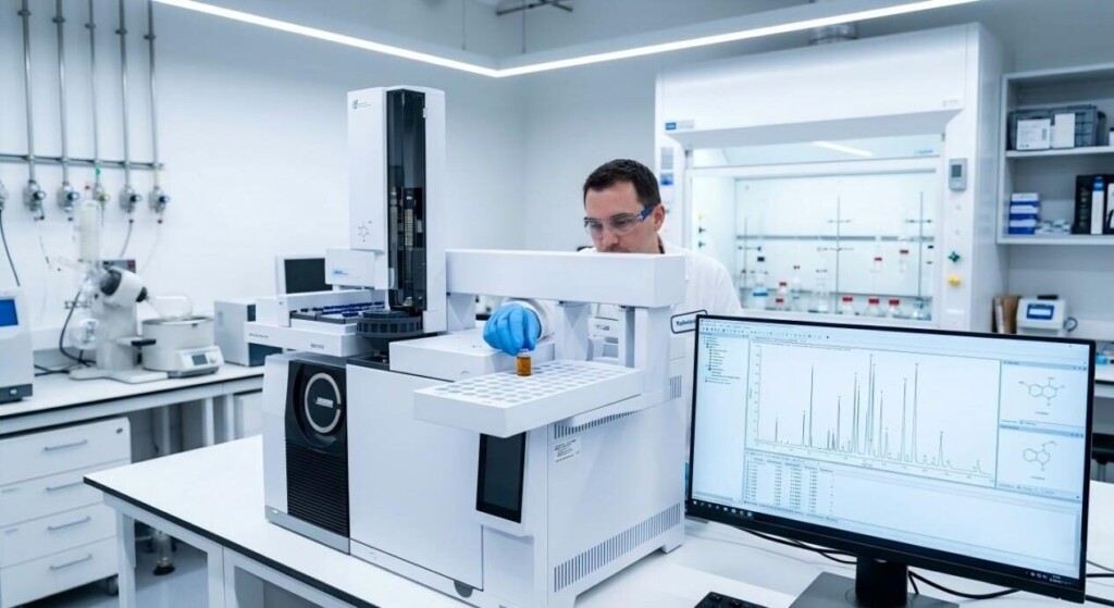 A sterile, clinical look at our rigorous quality control process using advanced Gas Chromatography-Mass Spectrometry for precise chemical analysis.