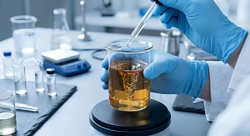 Close-up of a technician dripping Triethyl Citrate into a spinning e-liquid vortex during the formulation process.