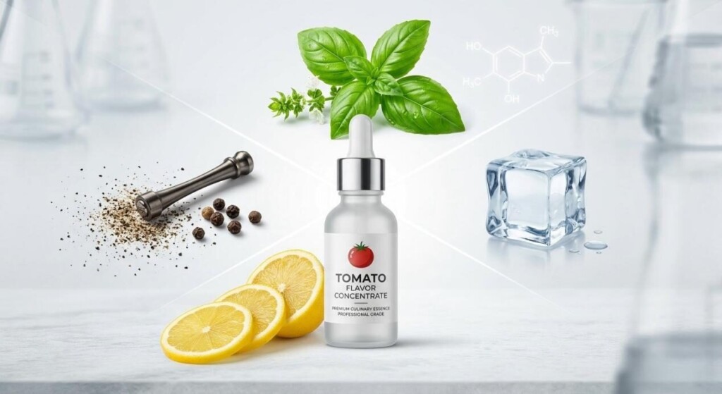A professional layout featuring tomato concentrate paired with basil, lemon, and cooling agents for innovative flavor profiles.