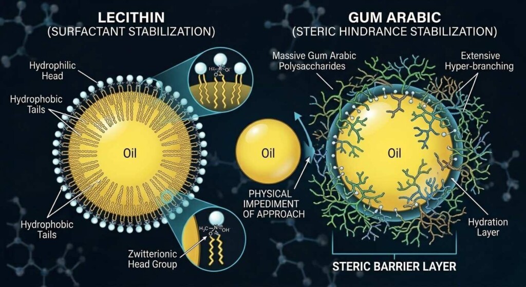 A molecular-level visualization comparing surfactant-based stabilization (lecithin) with steric hindrance stabilization (gum arabic) in oil droplets.