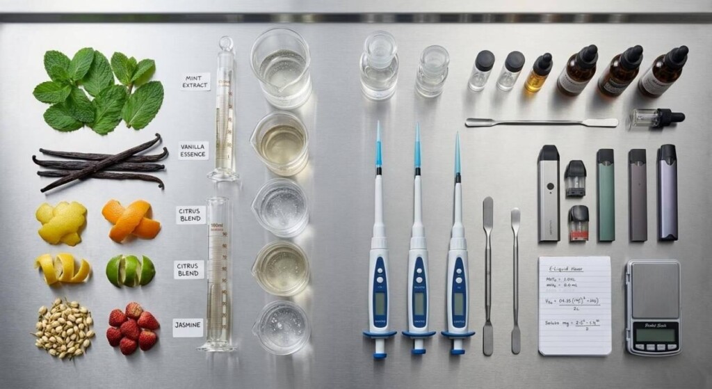 A professional flat-lay arrangement showcasing organic flavor ingredients alongside precision lab tools used in e-liquid development.