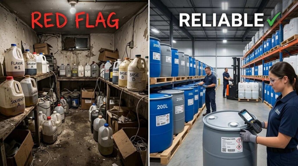 A comparison between amateur storage practices and professional industrial warehouse standards. Learn why organized, barcode-tracked storage ensures product safety.