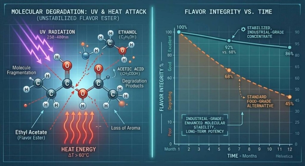 A technical infographic comparing the molecular stability and flavor integrity over time of industrial-grade concentrates versus standard alternatives.