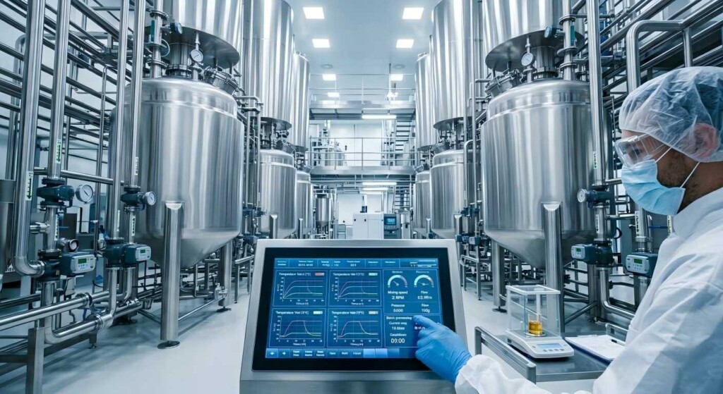 An industrial manufacturing facility showing stainless steel mixing vats and an engineer monitoring batch data via a digital HMI panel.