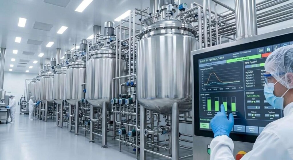 Inside a state-of-the-art industrial cleanroom facility for high-quality, large-scale liquid manufacturing.