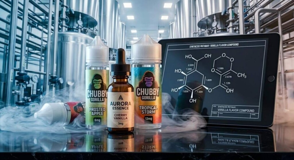A sleek, professional product showcase featuring premium e-liquid bottles alongside scientific molecule schematics on a reflective surface.