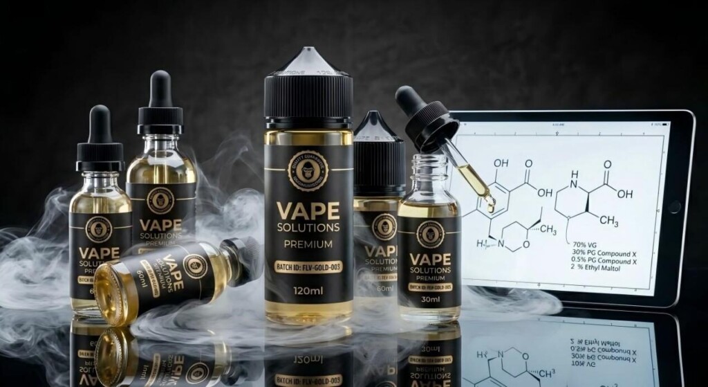 A sleek, high-end display of premium e-liquid bottles, showcasing the bridge between advanced science and final product.