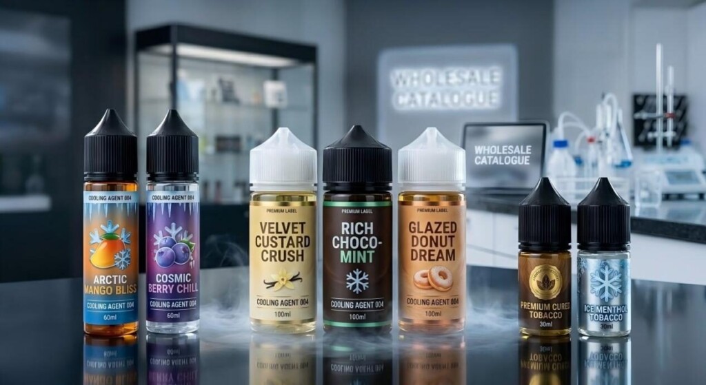 A sophisticated lineup of diverse premium e-liquid profiles, optimized for B2B wholesale buyers and vape brand owners.