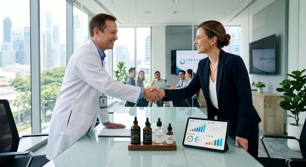 A modern corporate meeting room scene featuring a scientist and business client shaking hands, highlighting successful partnerships.